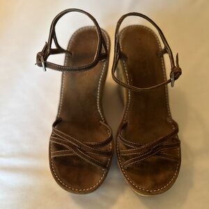 PRADA BROWN SUEDE PLATFORM WEDGE SANDALS SZ 7 1/2